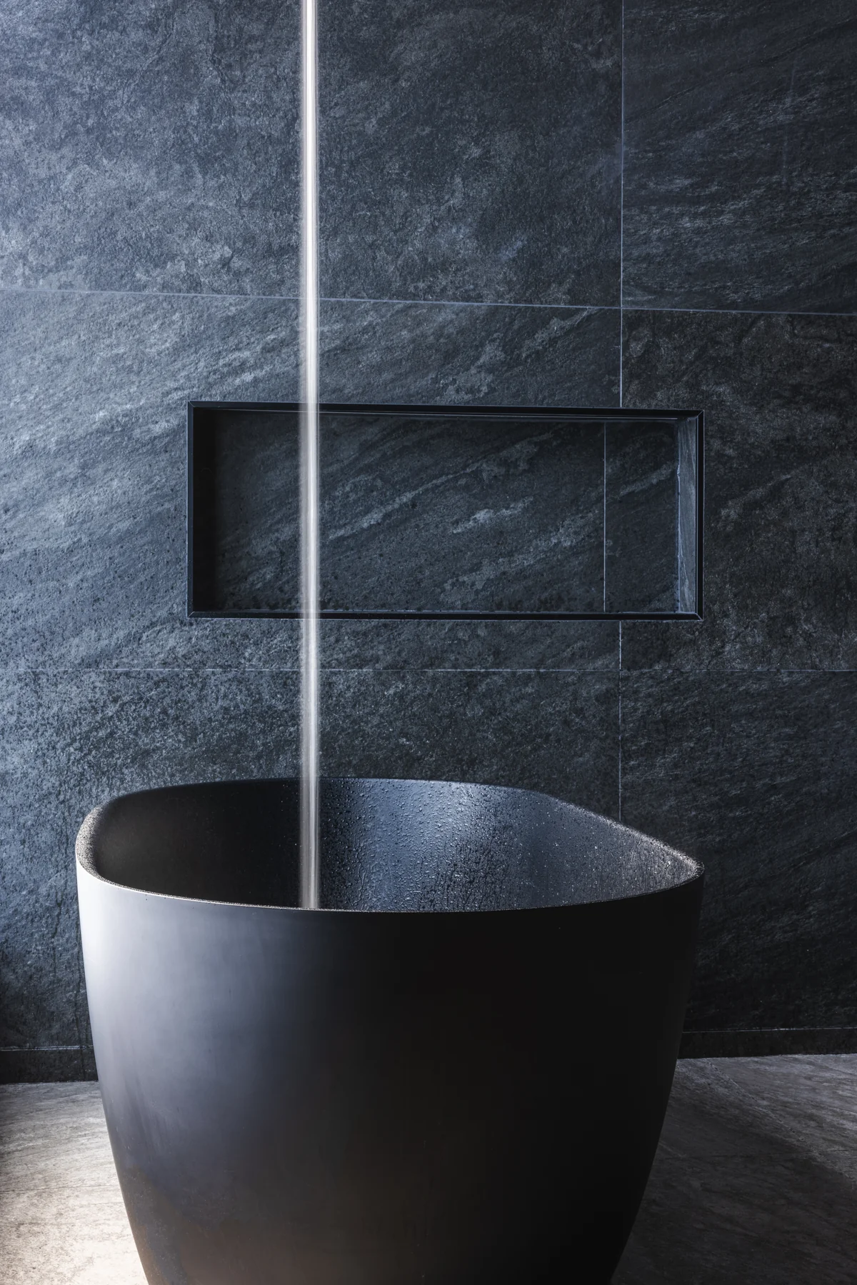 Dark freestanding bathtub, textured wall tile, and recessed shower niche