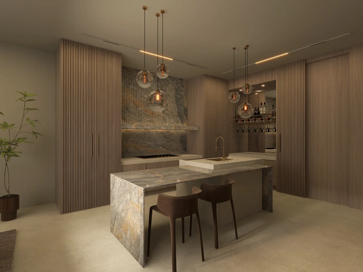 Kitchen concept rendering for Aurelia with stone island, wood cabinetry, and pendant lighting