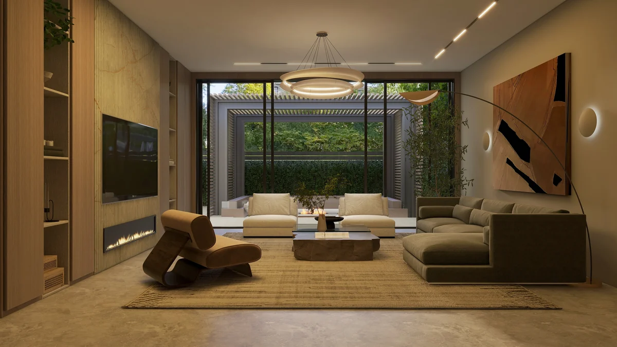 Living-room concept rendering for Aurelia with built-in cabinetry and garden-facing glazing