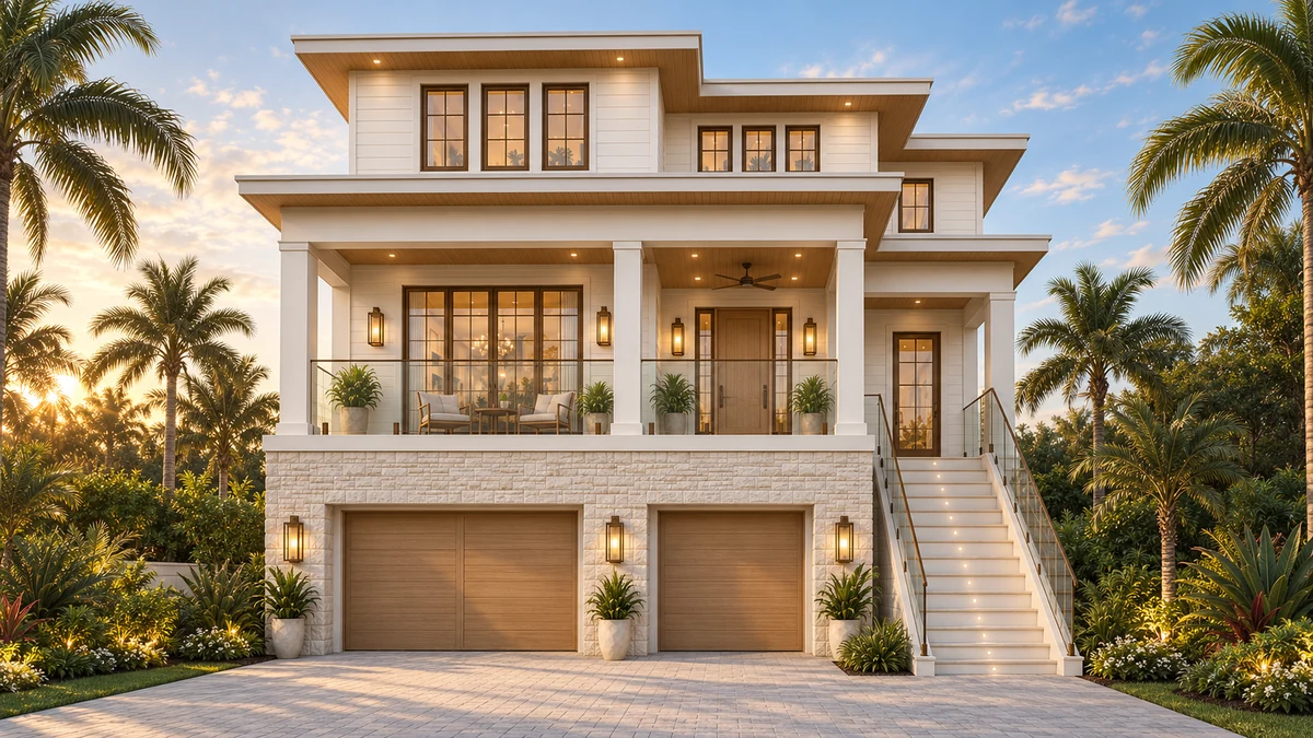 Architectural rendering of Cove: warm white exterior, wood soffits, stone base, and a raised covered porch