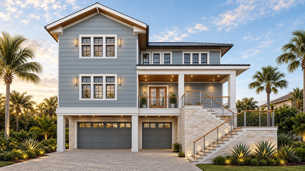 Architectural rendering of Haven: blue-gray siding, white trim, stone base, and a raised entrance
