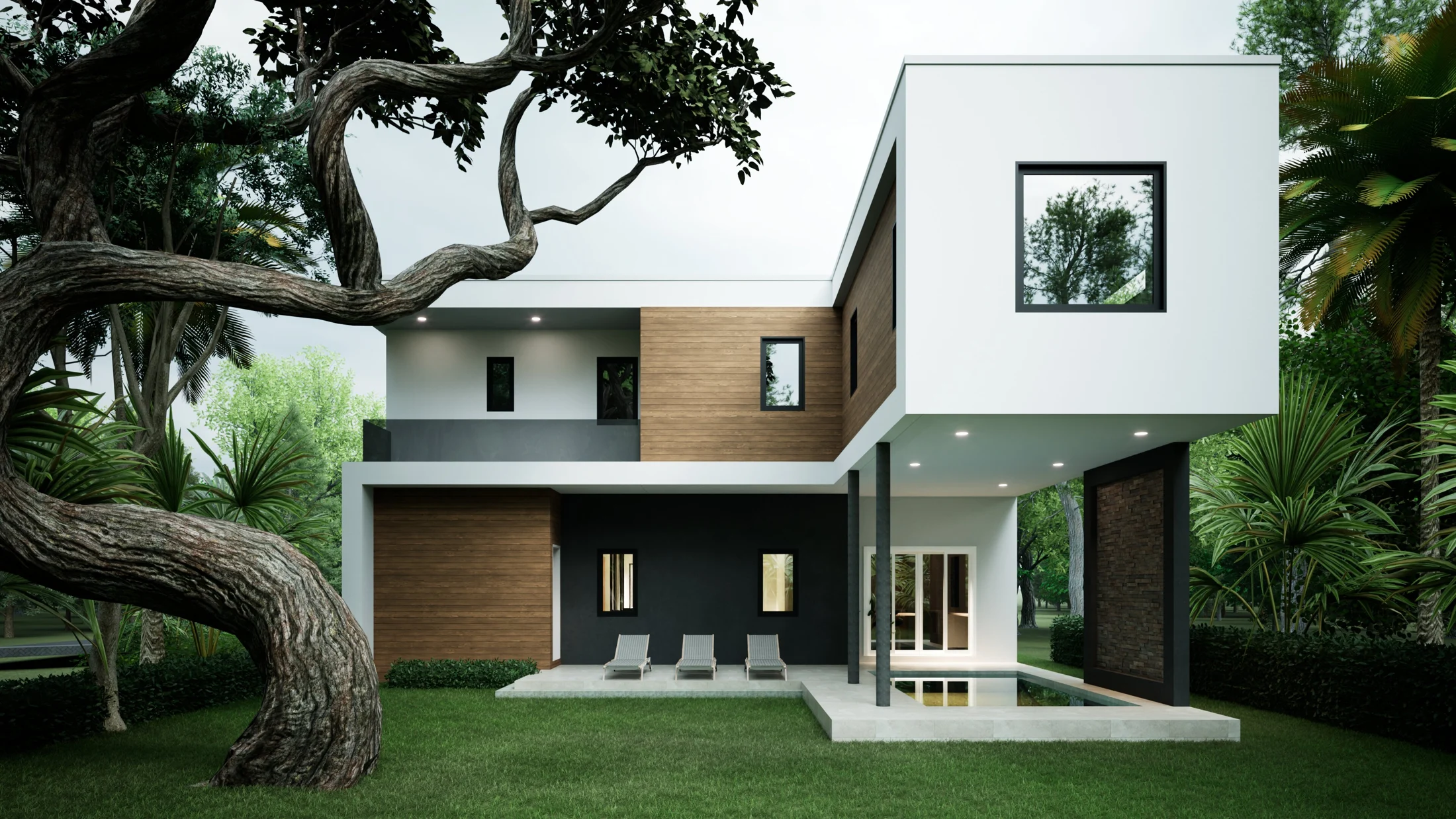 Architectural visualization of Solara with horizontal forms and a garden-facing covered space