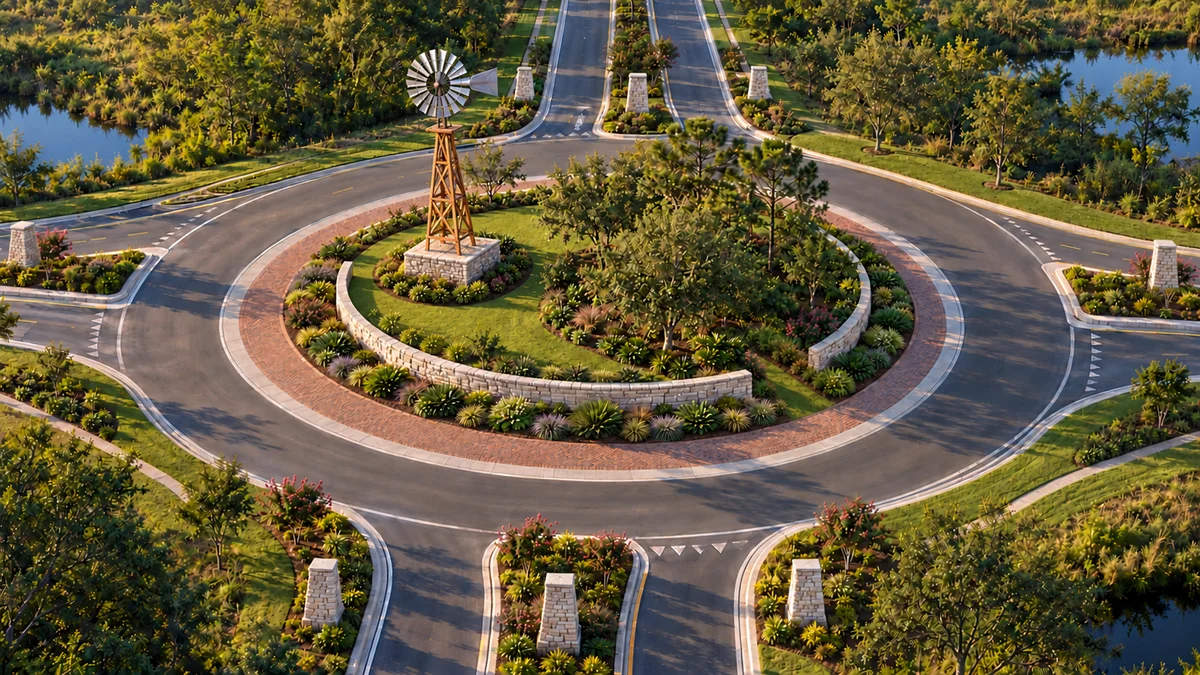 Proposed architectural rendering of the Roundabout Windmill in Zephyrhills — aerial daytime view