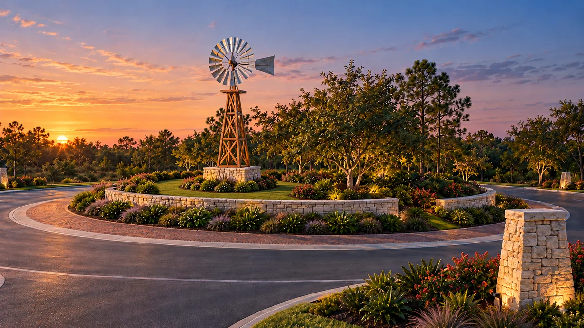 Proposed architectural rendering of the Roundabout Windmill in Zephyrhills — sunset view