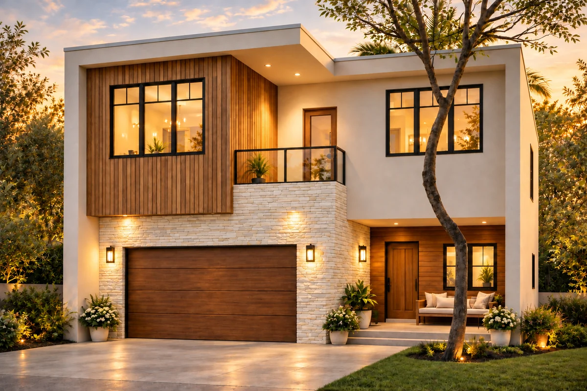 Architectural rendering of Serenity in South Tampa with wood cladding, stone, and a recessed entry
