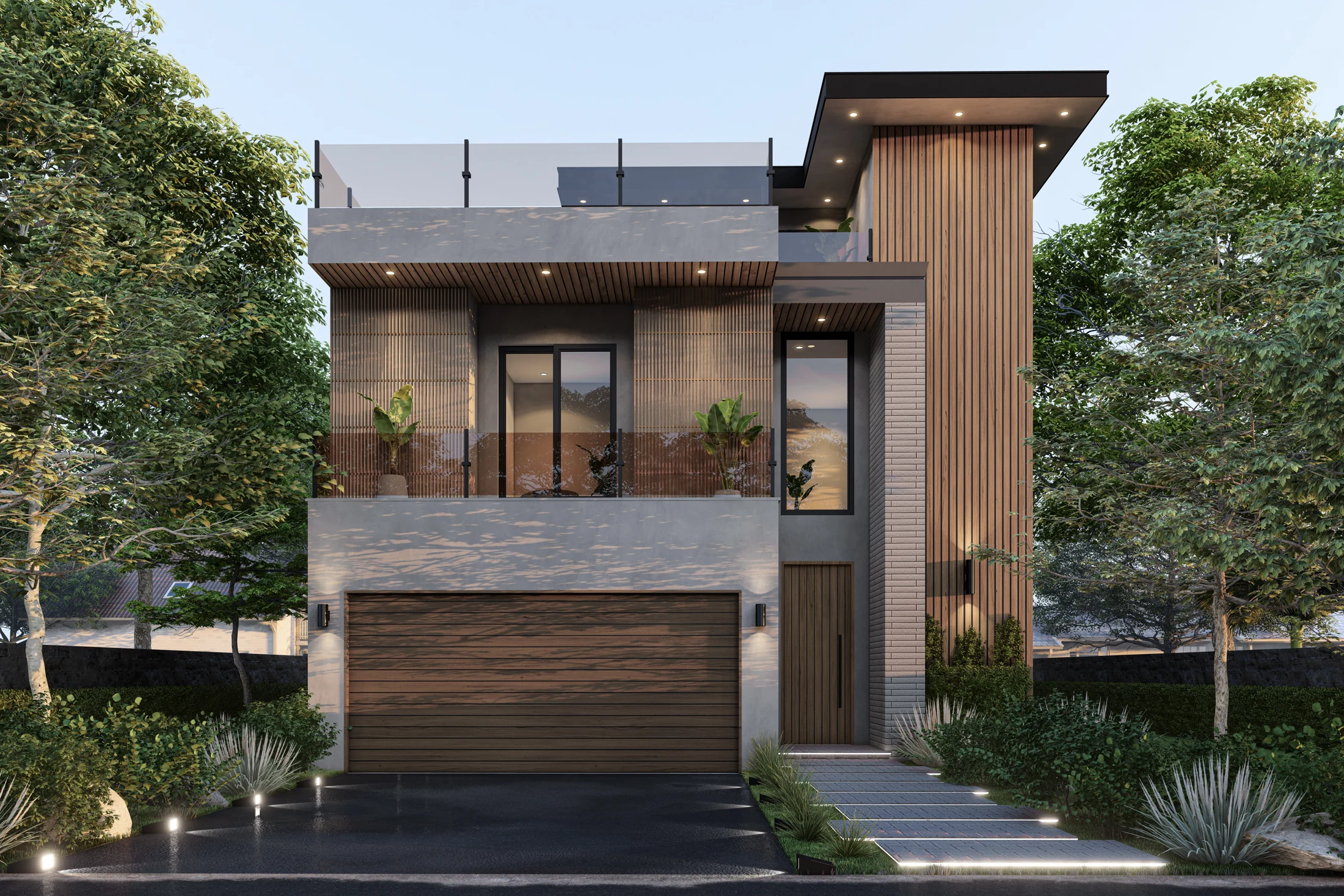 Architectural visualization of Aurelia, with recessed terraces and contrasting façade materials