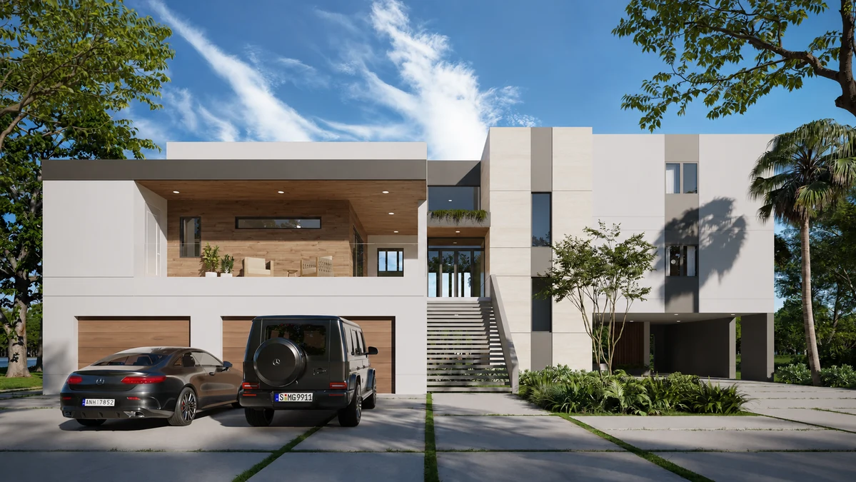 Daytime architectural rendering of McKay entrance and front elevation