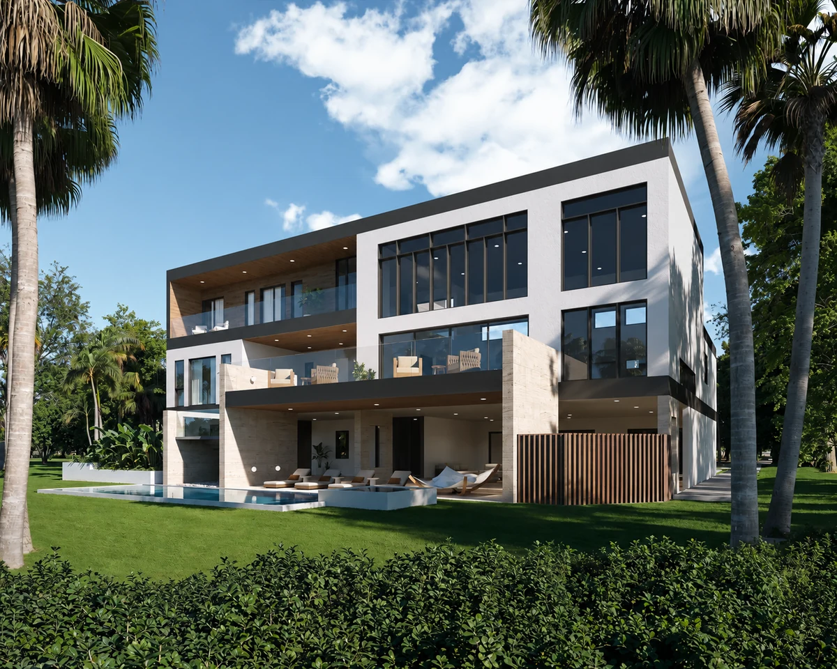 Architectural rendering of McKay garden-facing elevation and covered outdoor living